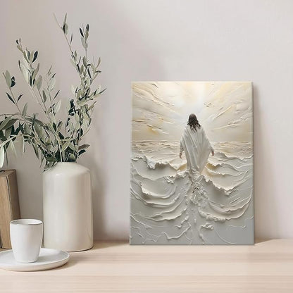 Abstract Jesus Walking on Water Canvas Wall Art Christian Spiritual Wall Decor Pictures Divine Light Modern Religious Posters Prints for Living Room Bedroom Prayer Room Home Decor 8x10 In canvas