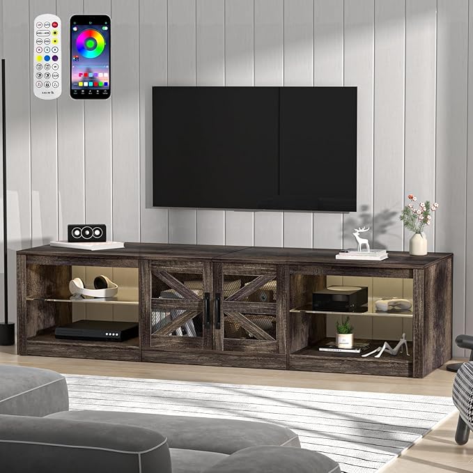 cdar TV Stands for Living Room, Farmhouse Entertainment Center, Television Stand with LED Light, 78" Wood Sliding Barn Door Media TV Console Table with Storage Shelf for Living Room, Bedroom ﻿ Gr