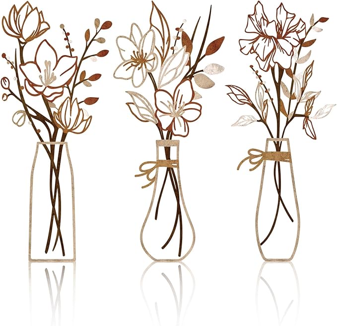 Zzbakress 3 Pcs Metal Flowers Wall Arts Rustic Farmhouse Decor Bathroom Wall Decor Metal Wall Decor for Living-room Dining-Room Kitchen Minimalist Decor Housewarming Gifts(Light Brown)