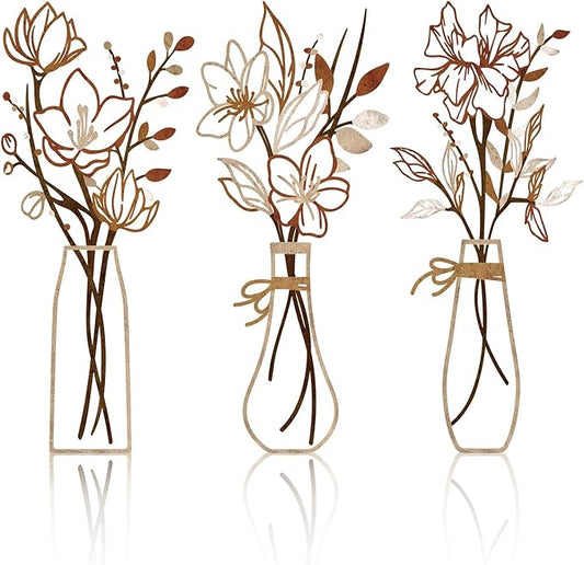 Zzbakress 3 Pcs Metal Flowers Wall Arts Rustic Farmhouse Decor Bathroom Wall Decor Metal Wall Decor for Living-room Dining-Room Kitchen Minimalist Decor Housewarming Gifts(Light Brown)