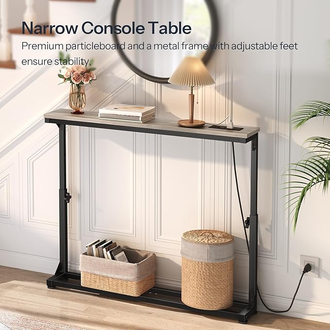 HOOBRO Narrow Console Table Set of 2 with Charging Station, Adjustable Height Sofa Table (25''-32.9''), Slim Behind Couch Table for Small Spaces, Entryway, 78.8" Greige and Black BG95UXGP201