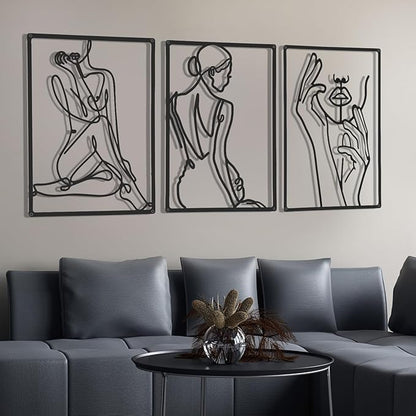 Cindeer 3 Pieces Metal Wall Art Decor 18 Inch Minimalist Modern Abstract Line Home Decor Woman's Body Shape Single Line Wall Art for Kitchen Bedroom Living Room