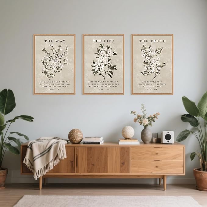 Vintage The Way The Truth The Life Framed Canvas Wall Art Set,Boho Floral Christian Scripture Wall Decor,Religious Botanical Psalm Verse Artwork for Living Room,Bedroom,Prayer Room-16"x24"x3