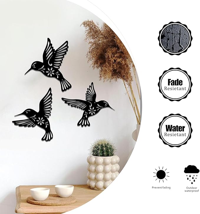 Metal Hummingbird Wall Art Decor - 3-Piece Black Iron Wall Sculpture with Engraved Leaf Patterns, Handmade Home Decor for Living Room, Bedroom, Kitchen, Bathroom, Patio