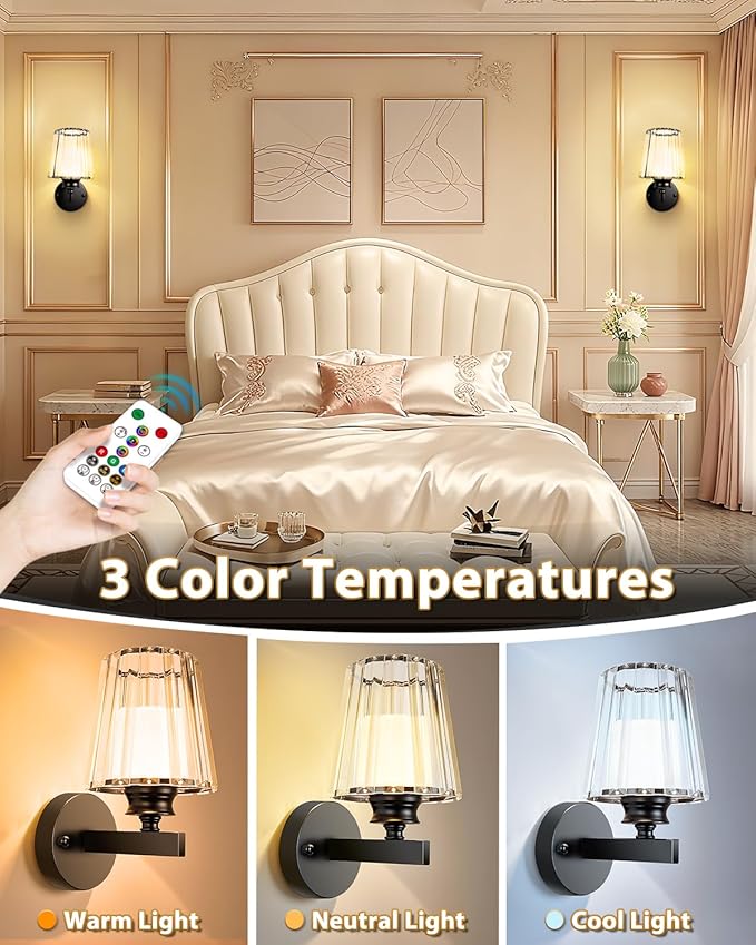 Adetu Crystal Wall Sconces Set of Two, Battery Operated Wall Sconce with 10000mAh Dimmable Magnetic Bulbs and Remote, RGB Rechargeable Wall Lights for Bedroom Living Room Hallway Decor
