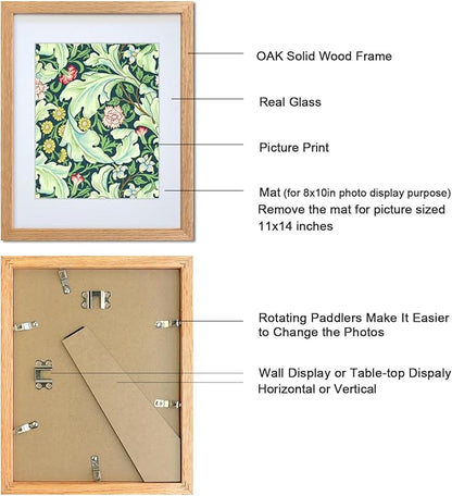 11x14 Picture Frame Set of 4 OAK Solid Wood with Real Glass for Pictures 8x10 with Mat or 11x14 Without Mat, Wall Mount or Tabletop Gallery Photo Frames(4 Pack, Oak)