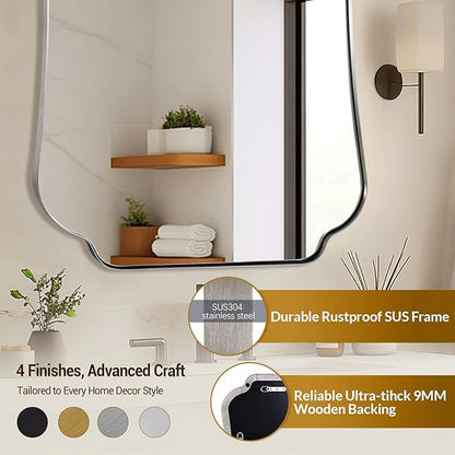 ANDY STAR 30x48 Brushed Nickel Mirror, Large Silver Scalloped Bathroom Wall Mirror with Metal Frame for Vanity, Vintage Scalloped Edge Design with Anti-Rust SUS Frame