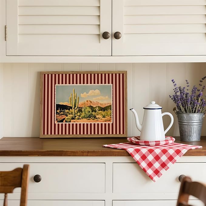 Framed Vintage Western Nature Landscape Wall Art Set of 3, Striped Postcards Southwest Desert Cactus Pictures Wall Decor Paintings, Boho Plant Canvas Prints for Living Room Bedroom Office 12x16 inch