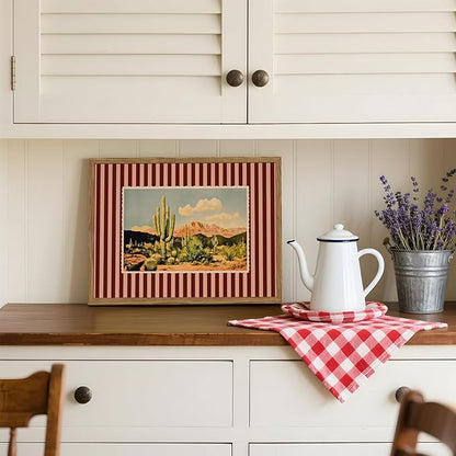 Framed Vintage Western Nature Landscape Wall Art Set of 3, Striped Postcards Southwest Desert Cactus Pictures Wall Decor Paintings, Boho Plant Canvas Prints for Living Room Bedroom Office 12x16 inch