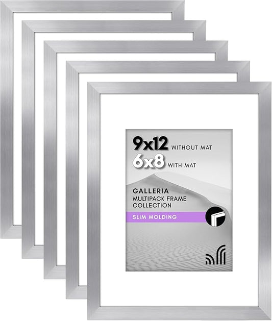 Americanflat 9x12 Picture Frame with Polished Plexiglass - Set of 5 - Use as 6x8 Frame with Mat or Display 9x12 Photo Without Mat - Galleria Collection - Picture Frames for Wall Display - Silver