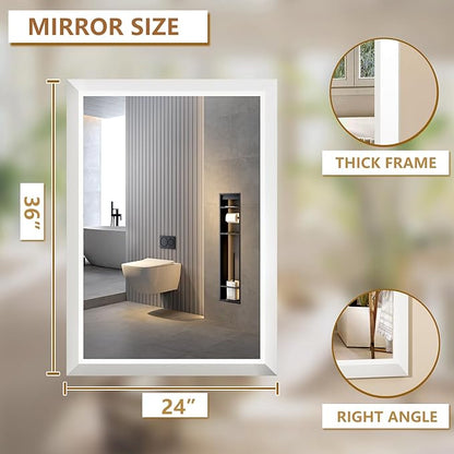 SMIROR Matte White Bathroom Mirror for Over Sink, 24”x 36” Metal Thick Framed Rectangle Vanity Mirror for Wall, Right Angle Corner, Anti-Rust, Horizontally or Vertically Mounted