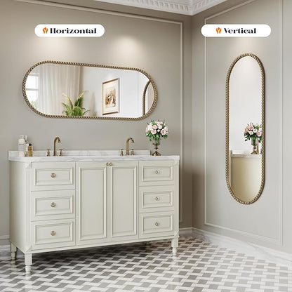 Champagne Bronze Bathroom Mirror with Beaded, 20"x53" Oval Full Length Mirror for Wall Decorated, Gold Vintage Beaded Mirrors with Brass Frame for Bedroom,Living Room,Hallway,Fireplace