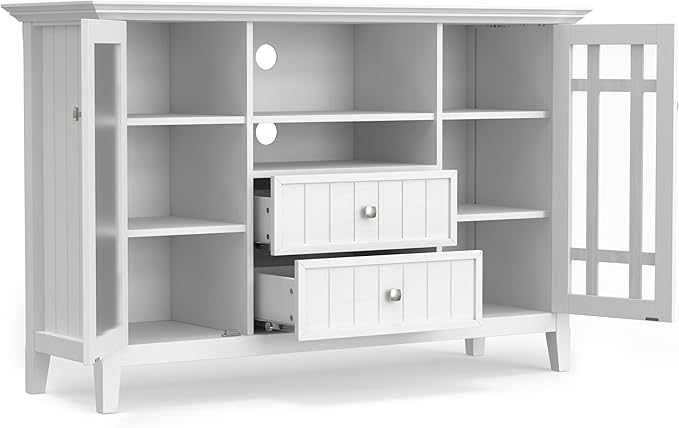 SIMPLIHOME Bedford TV Stand - 53 inch Wide Solid Wood Tall Media Console in White, Transitional Entertainment Center for Living Room for TVs up to 60 Inches with Glass Cabinets and Cable Management