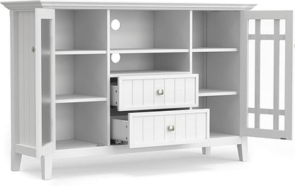 SIMPLIHOME Bedford TV Stand - 53 inch Wide Solid Wood Tall Media Console in White, Transitional Entertainment Center for Living Room for TVs up to 60 Inches with Glass Cabinets and Cable Management