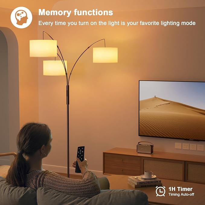 SIBRILLE 36W RGB Arc Floor Lamp with 3 Fabric Shades, 3000LM Super Bright Standing Lamp with Remote Control & Touch, Stepless Dimming, Individual Light Control for Living Room, Bedroom