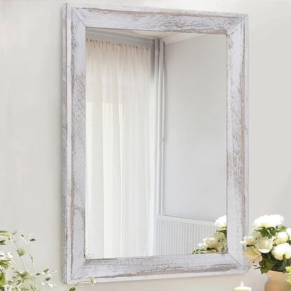 AAZZKANG Mirrors for Wall Rustic Wood Framed Hanging Mirror 26"x18" Decorative for Farmhouse Bedroom Bathroom Living Room Entryway Hallway White