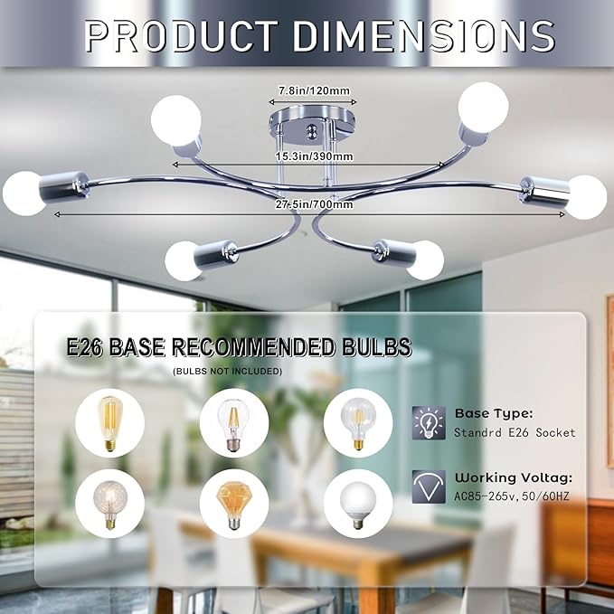 FRIXCHUR 6-Light Sputnik Chandelier, Sliver Mid-Century Modern Semi Flush Mount Ceiling Light, Metal Fixture with E26 Sockets for Bedroom, Living Room, Kitchen (Bulbs Not Included)