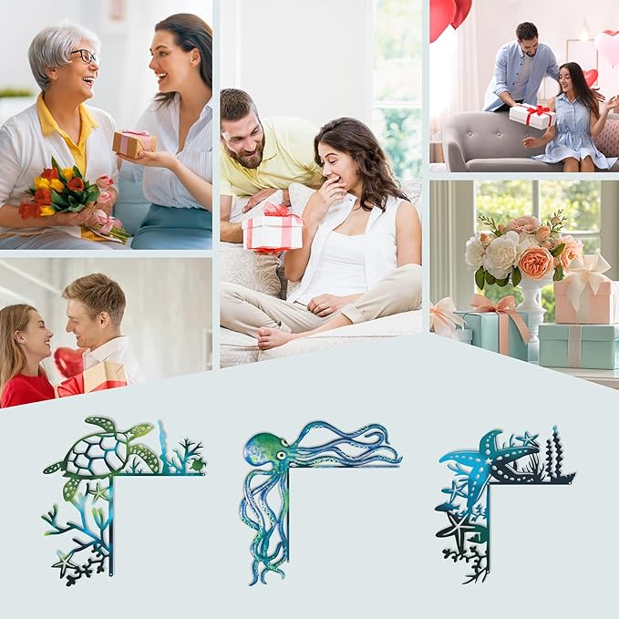 2025 3PCS Ocean Door Frame Decoration Set Metal Turtle Octopus Starfish with Double Sided Silhouette for Window, Door, Shelf, Table, and Corner Sign Home Décor Accent