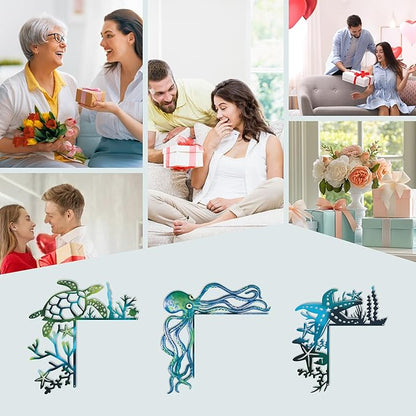 2025 3PCS Ocean Door Frame Decoration Set Metal Turtle Octopus Starfish with Double Sided Silhouette for Window, Door, Shelf, Table, and Corner Sign Home Décor Accent