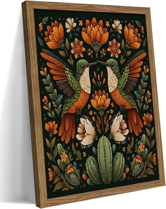 Framed Mexican Hummingbird Wall Art, Vintage Birds Animal Canvas Wall Decor Painting, Colorful Floral Cactus Botanical Poster Print Picture for Living Room Bedroom Bathroom 16x24 Inch