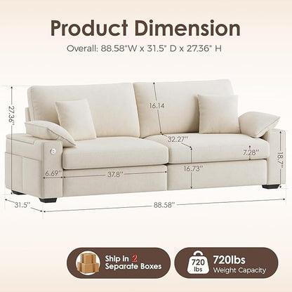 88.58" Modern Loveseat Couches for Living Room, Comfy Sofa with Deep Seat Couch, USB/Type-C Port, Side Storage, Removable Cover, Couches for Living Room Apartment, Beige