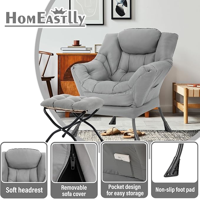 Lazy Chair with Ottoman, Large Light Grey Accent Chair with Ottoman, Comfy Reading Armchair, Leisure Sofa Chair for Living Room, Bedroom, Dorm Room, Office