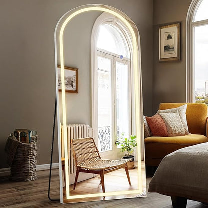 DUMOS Arched LED Full Length Floor Mirror, 26"×70" Full Body Standing Mirror with Lights, 3 Color Lighting, Hanging or Leaning, Wall Mounted, Modern Simple Home Wall Decor, White
