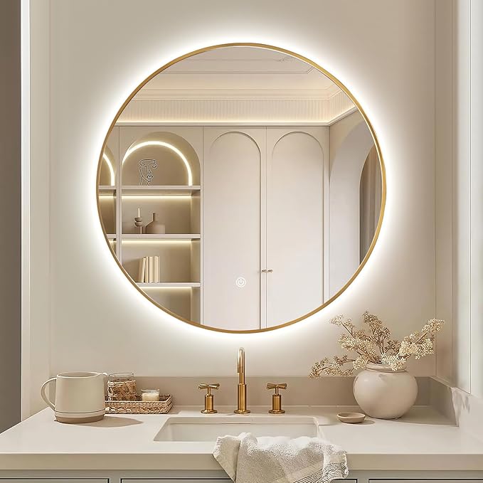 Niccy 36" LED Backlit Round Mirror for Bathroom, Gold Framed Vanity Light Wall Mirror, LED Smart Circle Mirrors with 3 Lighting Colors, Round Lighted Mirror with Anti-Fog, IP65 Waterproof