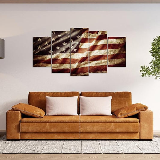 VVOVV Wall Decor American Flag Wall Art Patriotic Decor Framed Canvas Prints Living Room Decor Large 5 Pieces Overall 32"x60"