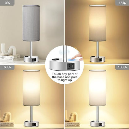 Fenmzee Grey Nightstand Table Lamp for Bedroom - 3 Way Dimmable Bedside Lamp USB C A Charging Ports and AC Outlet, Small Table Lamp Silver Base for Living Room, Office Desk, LED Bulb Included