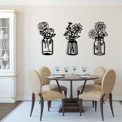3 Pcs Metal Flower Wall Decor,Black Metal Art Wall Decor Minimalist Floral Wall Decor Multiple Flowers with Vases Sculpture Wall Hanging Decor for Bathroom Living Room Kitchen Office