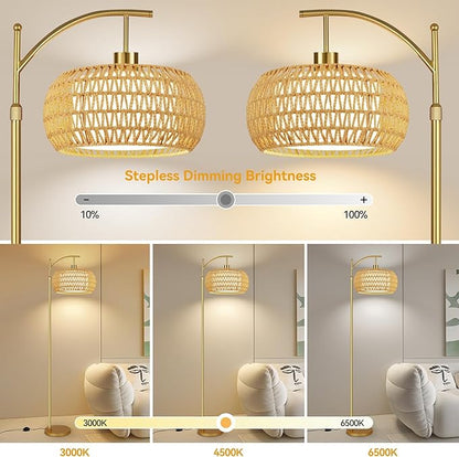 ZECOXOL Gold Floor Lamps for Living Room Rattan Boho Floor Lamp with Remote Control & 3 Color Temperature,Dimmable Arc Floor Lamps Brass Standing Lamp Tall Floor Lamp for Bedroom Living Room Corner
