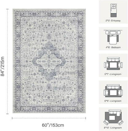 Rugxara 5X7 Washable Area Rug for Living Room, Vintage Large Boho Rugs for Office, Dining Room, Kids Room, Farmhouse, Durable Low Pile Non Slip Carpet for High Traffic Areas, Blue Quartz