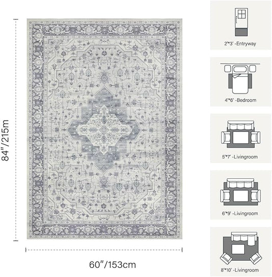 Rugxara 5X7 Washable Area Rug for Living Room, Vintage Large Boho Rugs for Office, Dining Room, Kids Room, Farmhouse, Durable Low Pile Non Slip Carpet for High Traffic Areas, Blue Quartz