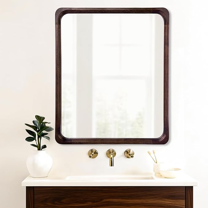 Tanmicoshomy Wood Bathroom Mirror 30 x 40 Inch, Solid Wooden Framed Rectangle Mirrors with Shatterproof Glass for Living Room Bedroom Office or Entryway(Dark Brown)