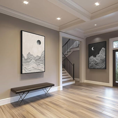 Large Framed Black and White Abstract Wall Art for Living Room, Set of 2 Modern Canvas Prints Paintings Artwork for Walls, Abstract Mountain and Moon Pictures for Bedroom Hallway Wall Decor 24x36 In