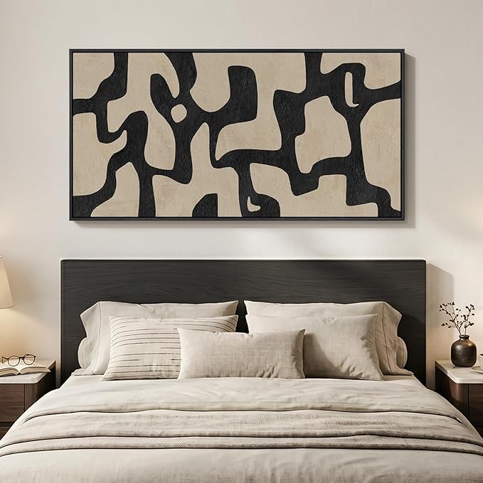 Large Framed Neutral Abstract Wall Art, Vertical Black Beige Geometric Canvas Prints Paintings Artwork for Walls, Mid Century Modern Pictures Wall Decor for Hallway Living Room Bedroom Dining 30x60