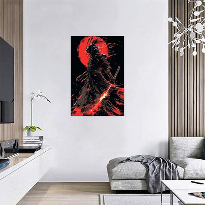Black and Red Japanese Samurai Wall Art Bushido Pictures Wall Decor Canvas Prints Armored Samurai Painting Poster Artwork Modern Home Decor Framed for Bedroom Living Room Office (18''W x 24''H)