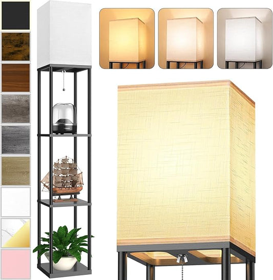 Floor Lamp with Shelves for Living Room, Shelf Floor Lamp with 3 CCT LED Bulb, Corner Display Standing Column Lamp Etagere Organizer Tower Nightstand with White Linen Shade for Bedroom, Office