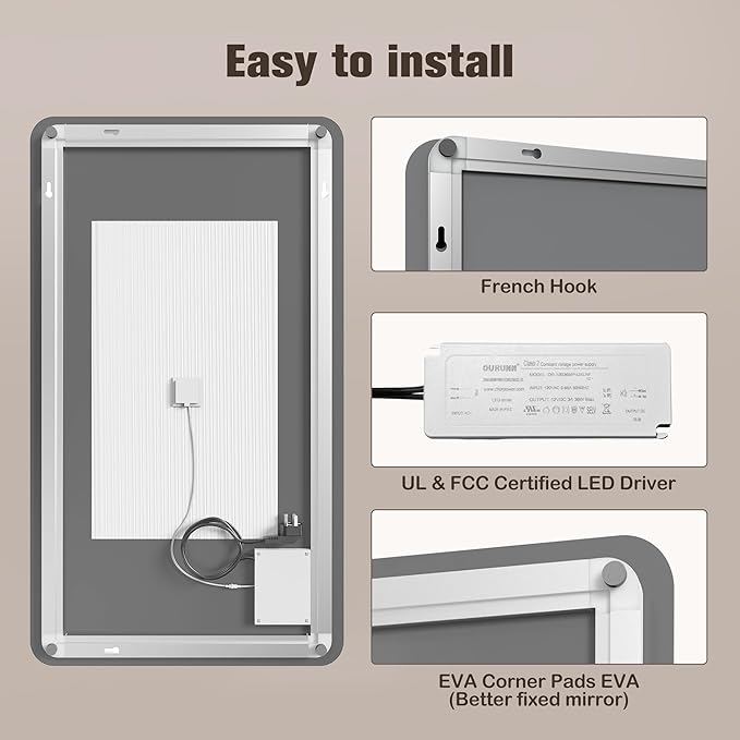 EOGOW Backlit Mirror for Bathroom,36"x24" Backlit LED Bathroom Mirror Wall Mounted with Anti-Fog,Stepless Dimmable,3 Color Lights,High Lumen, UL Listed,Tempered Glass