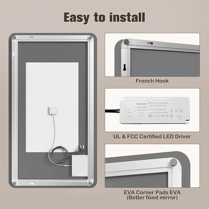 EOGOW Backlit Mirror for Bathroom,36"x24" Backlit LED Bathroom Mirror Wall Mounted with Anti-Fog,Stepless Dimmable,3 Color Lights,High Lumen, UL Listed,Tempered Glass
