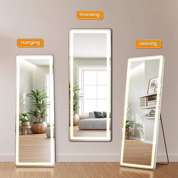 Full Length Mirror with Stand 21"×64", Upgraded Full Body Mirrors with LED Light 3 Color Lighting, Floor Standing, Hanging or Leaning Modern Simple Home Wall Decor, White