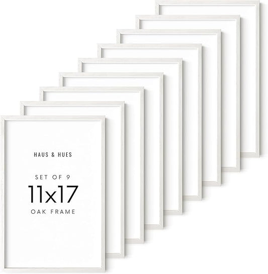 HAUS AND HUES White Oak Wood 11x17 Picture Frames - Set of 9, Contemporary Frames for Posters and Prints