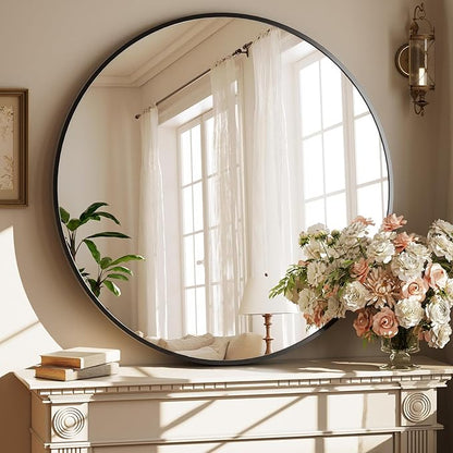 XRAMFY 42 Inch Round Black Metal Wall Mirror - Stylish Circle Mirror for Entryway, Bathroom, and Living Room Decor | Matte Black Circle Wall Mirror
