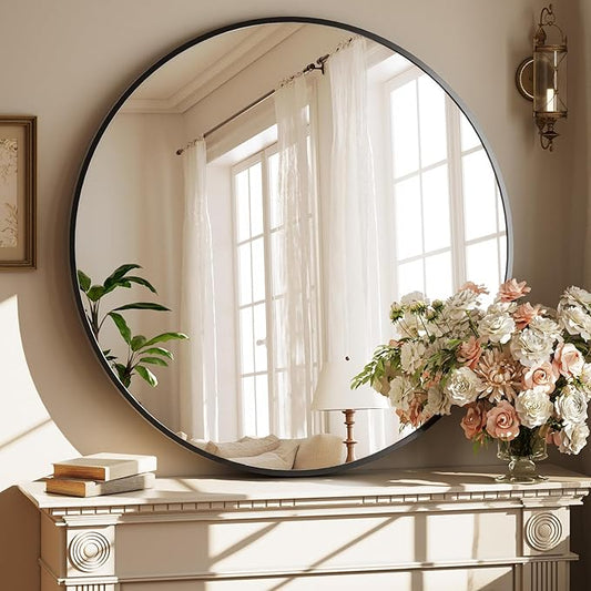 XRAMFY 42 Inch Round Black Metal Wall Mirror - Stylish Circle Mirror for Entryway, Bathroom, and Living Room Decor | Matte Black Circle Wall Mirror