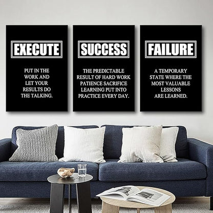 Motivational Wall Art Canvas Painting Decor Success Quote Execute Failure Definition 3 Pieces Black Inspirational Poster Positive Framed Artwork Prints Picture for Living Room Office [60''W x 28''H]
