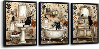 sechars Vintage Bathroom Wall Art Black Cats Painting Pictures Framed Bathroom Decor Canvas Print