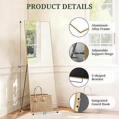 Mirror Full Length 56"x15" Full Body Floor Mirror with Stand, Shatterproof Glass, Aluminum Alloy Frame, Free Standing Wall Mounted or Leaning Rectangle Mirrors for Bedroom Living Room Entryway