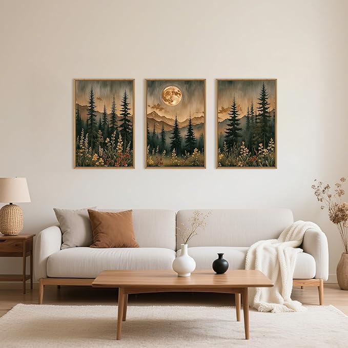 HOURIA Vintage Boho Nature Moonlight Forest Mountain Framed Canvas Wall Art Set,Wilderness Dark Moon Woodland Floral Decor,Retro Wildflower Field Landscape Artwork for Living Room,Farmhouse-16 x24 x3
