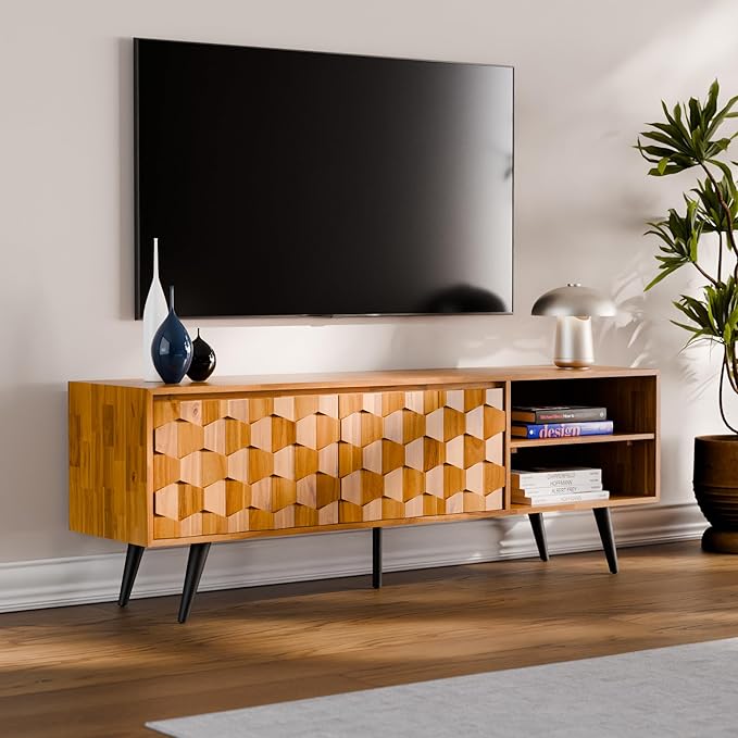 Bme Georgina Solid Wood, 10 Minutes Assembly Entertainment Center with Storage Geometric Pattern Console for Living, Bedroom, Dining Room, TV Stand 65 Inch, Teak Brown